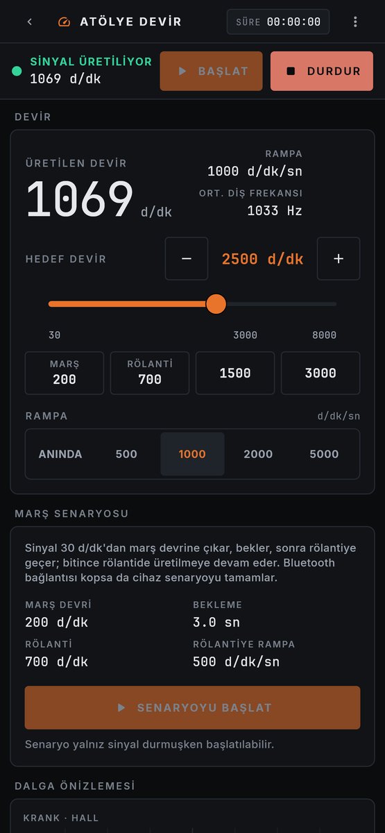 Uygulama: kokpit sinyal üretirken — üretilen devir, hedef, rampa ve marş senaryosu