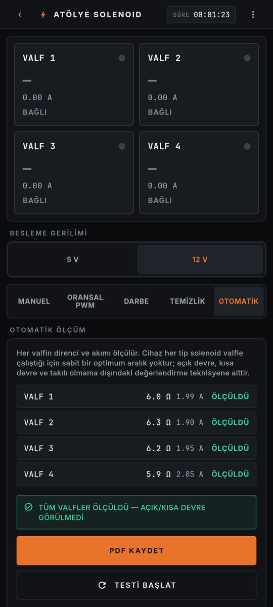 Uygulama: otomatik ölçüm sonucu — dört valfin direnç ve akım tablosu