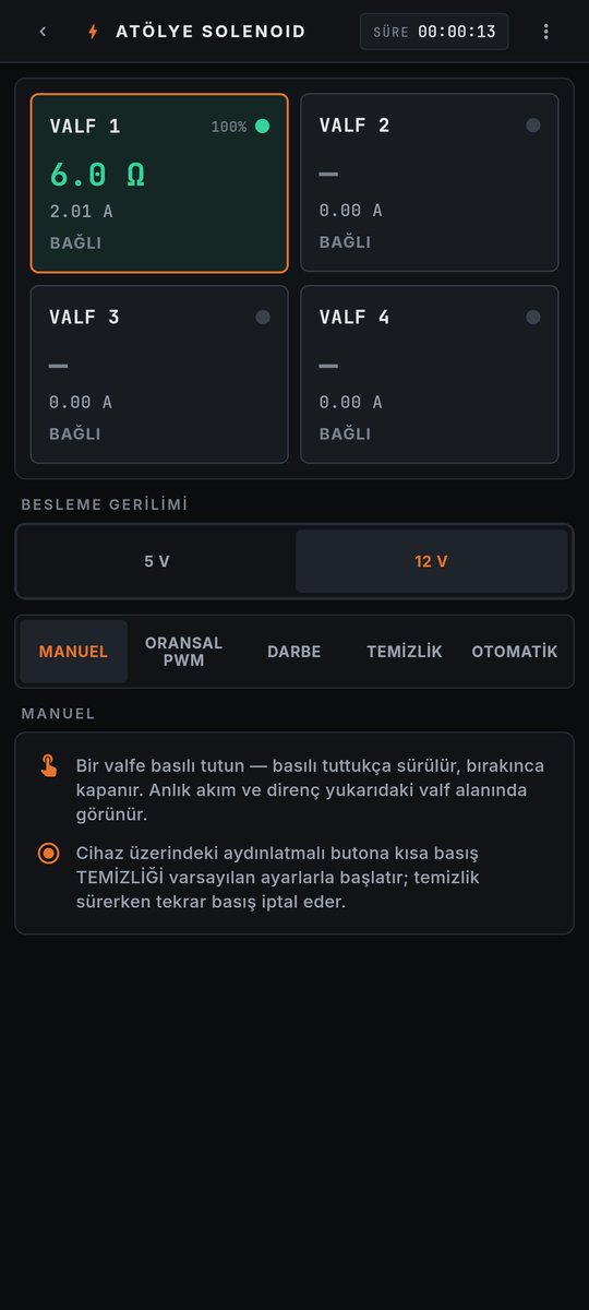 Uygulama: manuel mod — basılı tutulan valf ve anlık akım