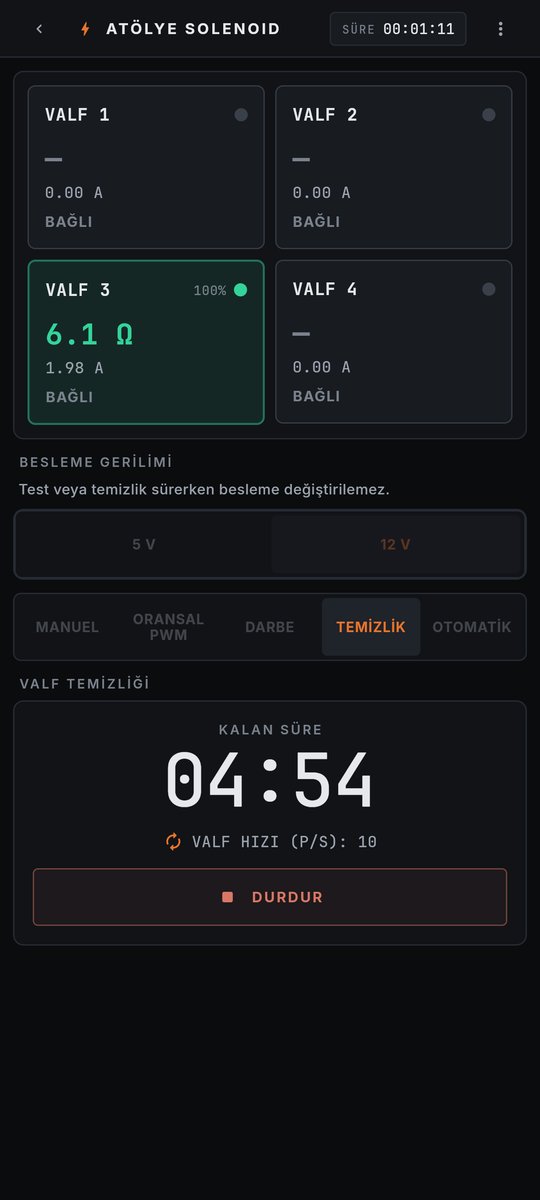 Uygulama: temizlik modu — kalan süre ve valf hızı